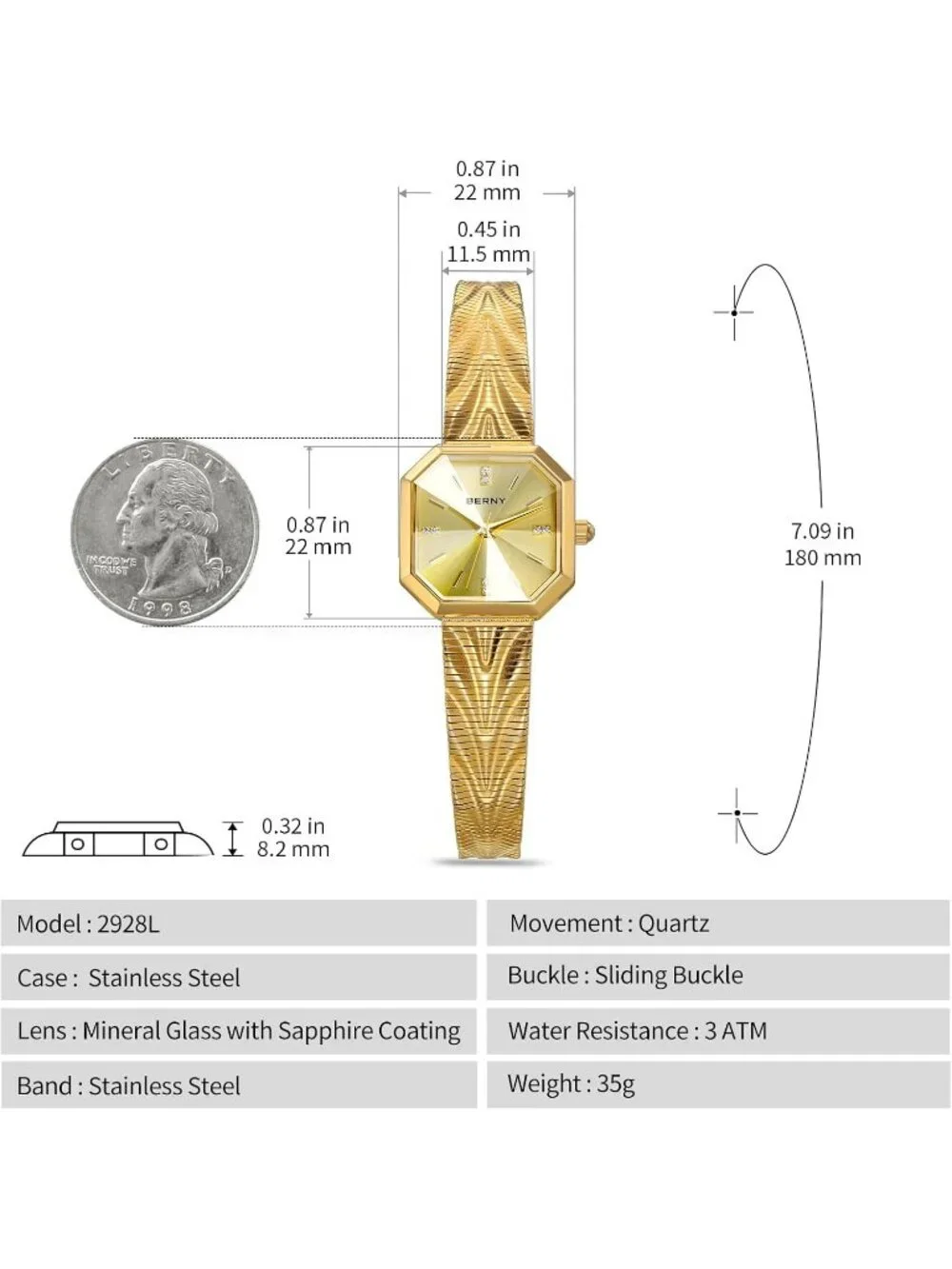 Women's Gold-Sunray Octagonal Case Waterproof Stainless Steel Luxury Wrist Watch